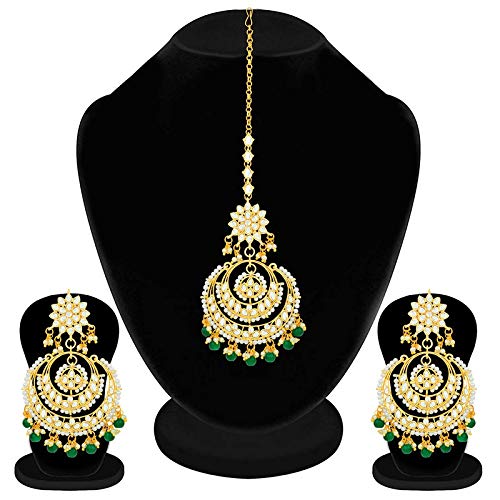 Women's Traditional Gold Plated Chandbali Kundan & Pearl Earring Set with Maang Tikka - I Jewels