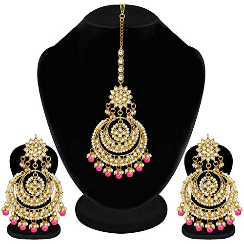 Women's Traditional Gold Plated Chandbali Kundan & Pearl Earring Set with Maang Tikka - I Jewels