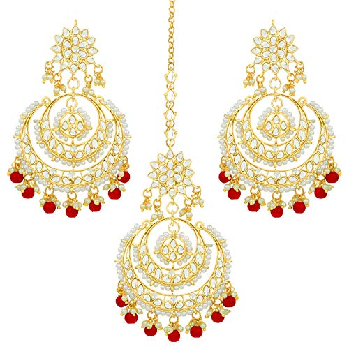 Women's Traditional Gold Plated Chandbali Kundan & Pearl Earring Set with Maang Tikka - I Jewels