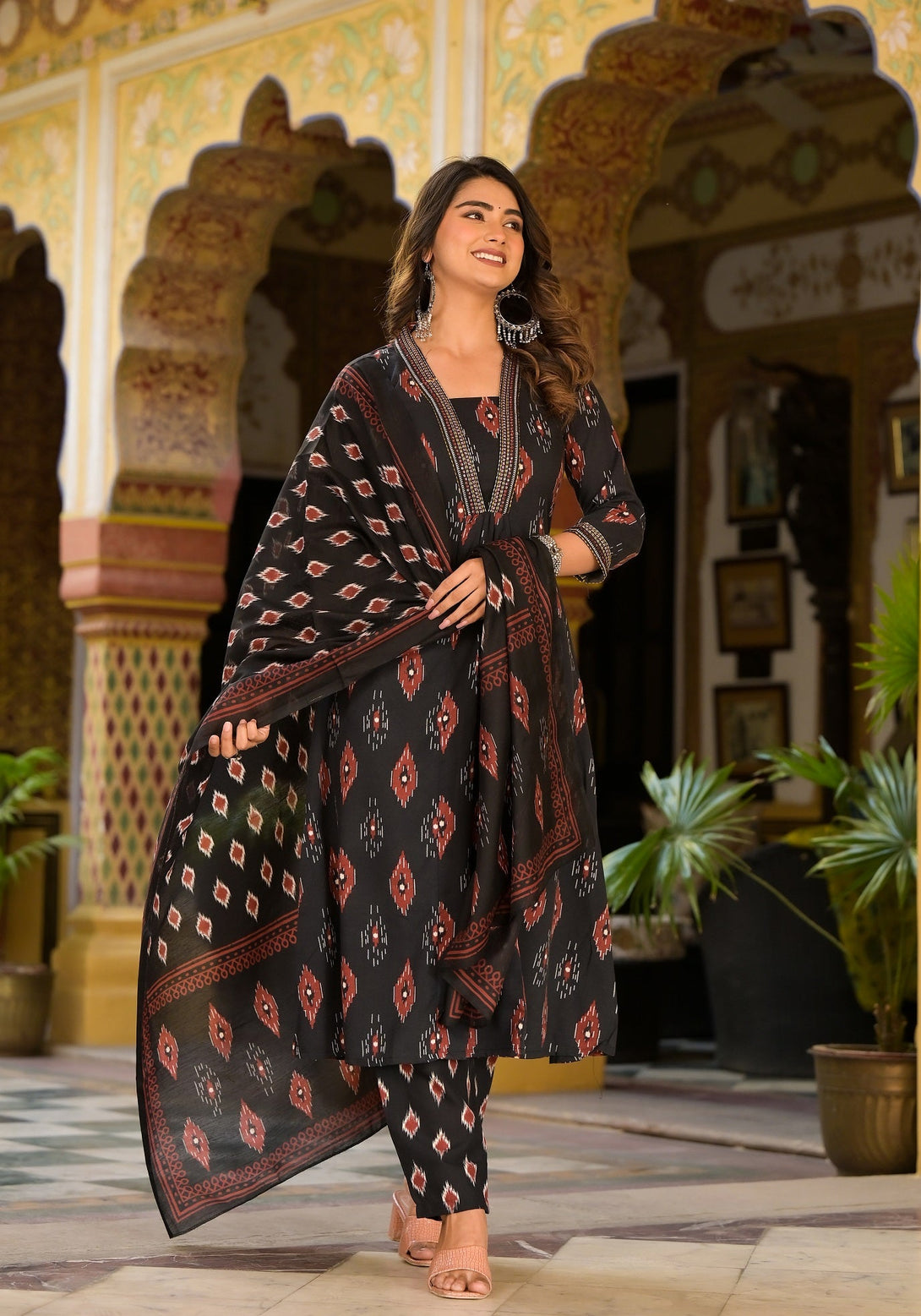 Women's Black Rayon Printed Kurta With Pant And Duppata Set - Dwija Fashion