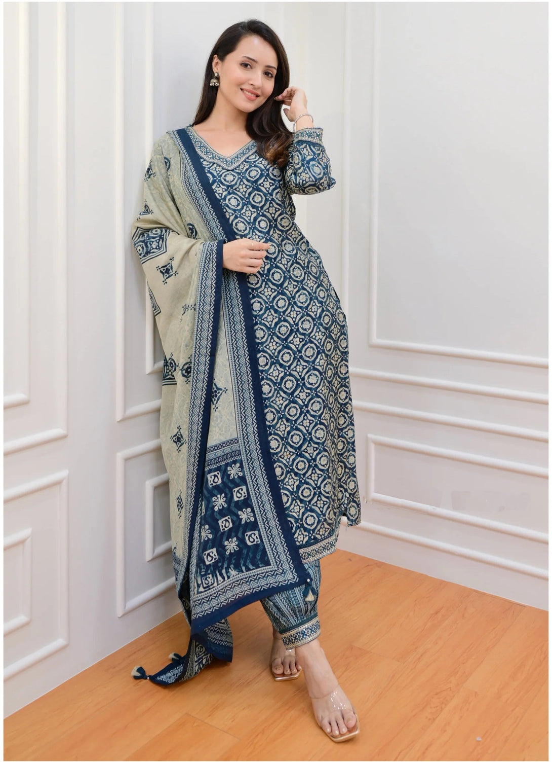 Women's Navy Blue Rayon Printed Kurta With Pant And Duppata Set - Dwija Fashion