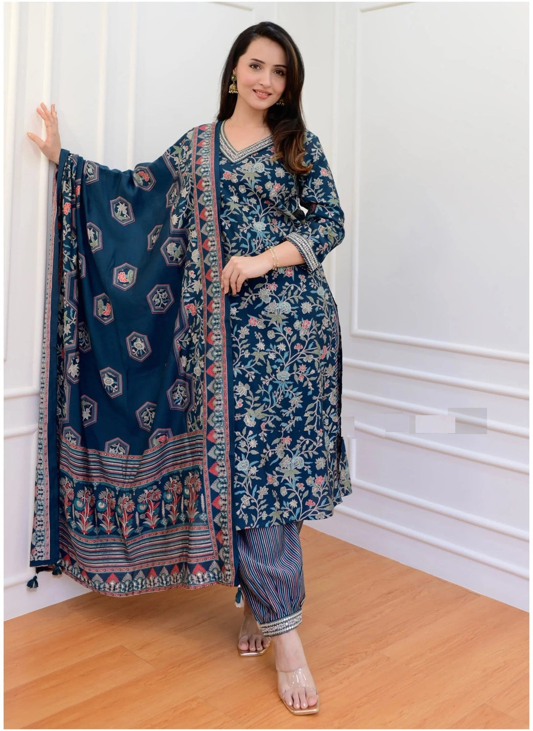 Women's Dark Blue Rayon Printed Kurta With Pant And Duppata Set - Dwija Fashion