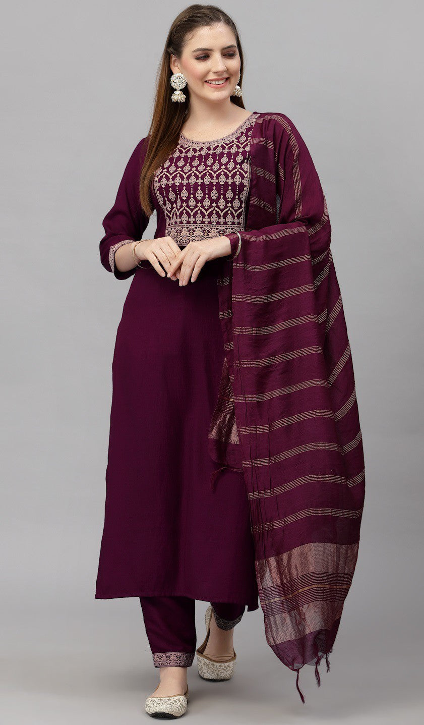 Women's Wine Rayon Printed Kurta With Pant And Duppata Set - Dwija Fashion