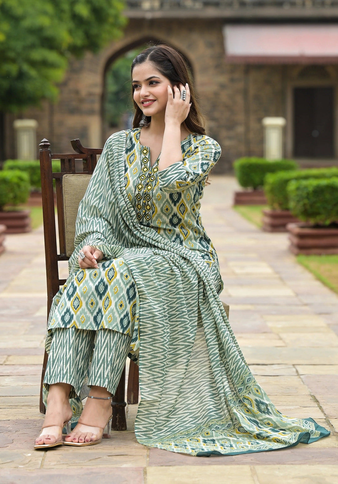 Women's Mahendi Green Rayon Printed Kurta With Pant And Duppata Set - Dwija Fashion