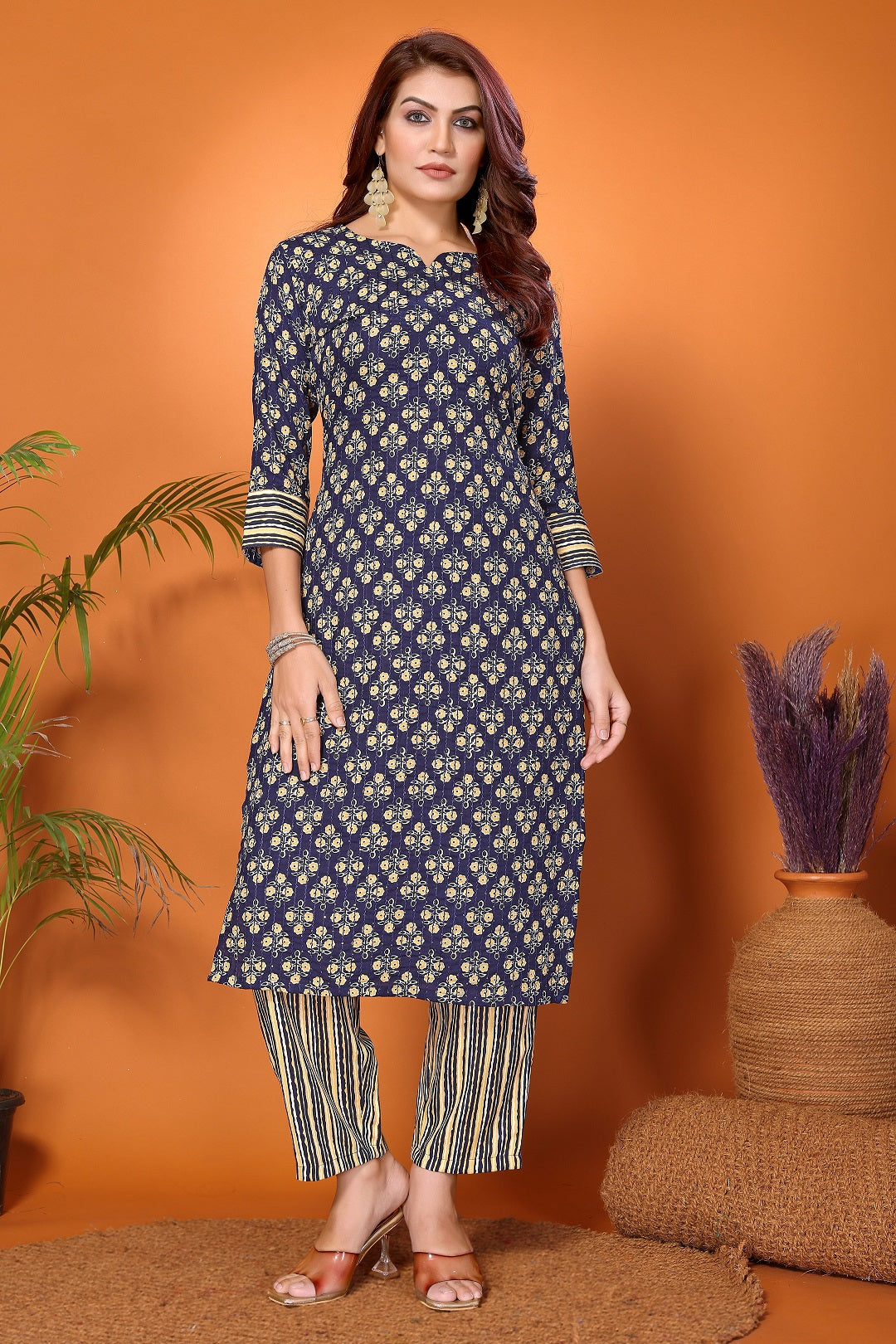 Women's Blue & Yellow Rayon Printed Kurta With Pant Set - Dwija Fashion