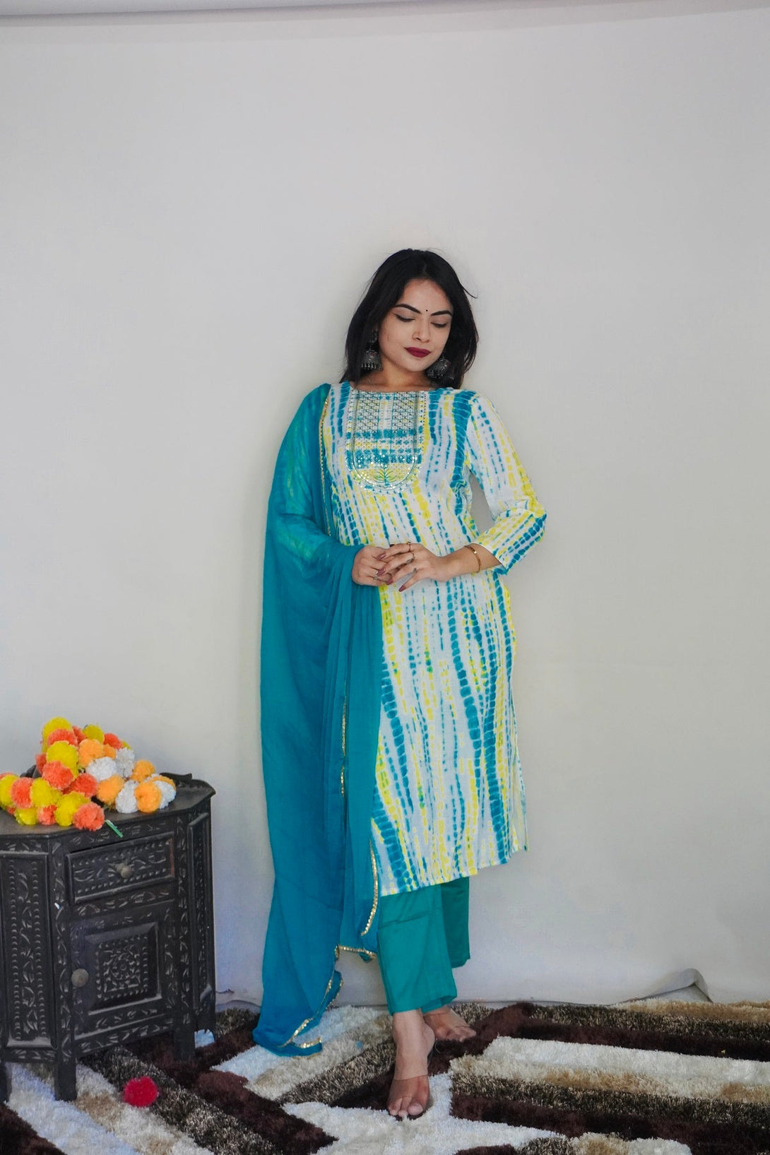 Women's White & Rama Rayon Printed Kurta With Pant And Duppata Set - Dwija Fashion