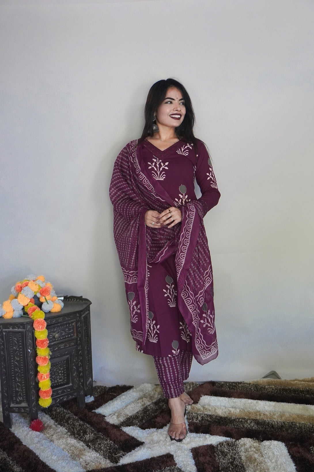 Women's Wine Rayon Printed Kurta With Pant And Duppata Set - Dwija Fashion