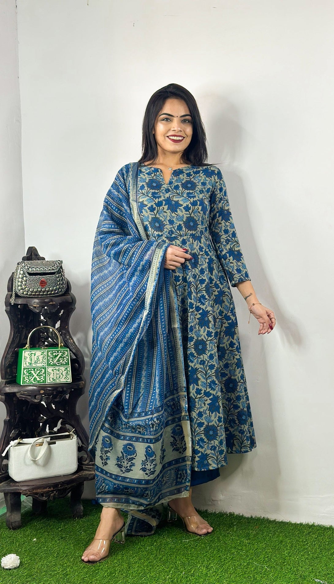 Women's Blue Rayon Printed Kurta With Pant And Duppata Set - Dwija Fashion