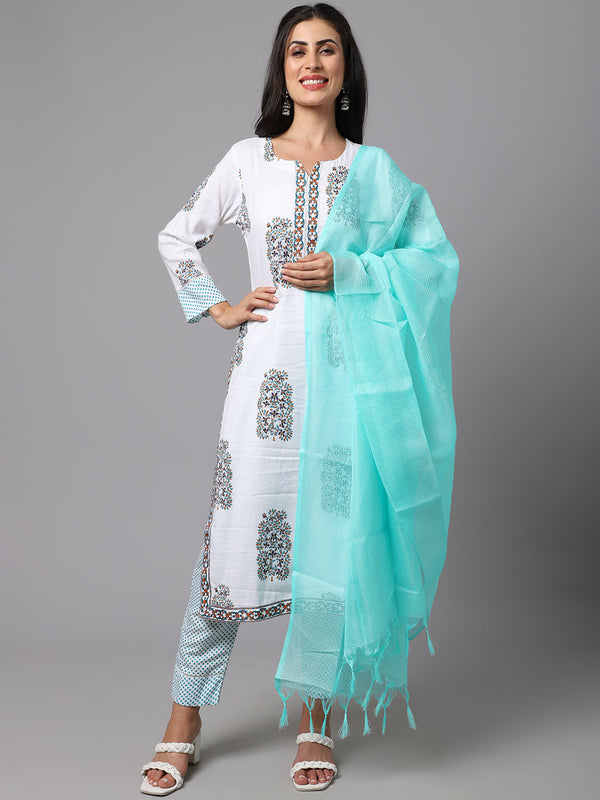 Women's White Printed Cotton Kurta Set Collection - Dwija Fashion