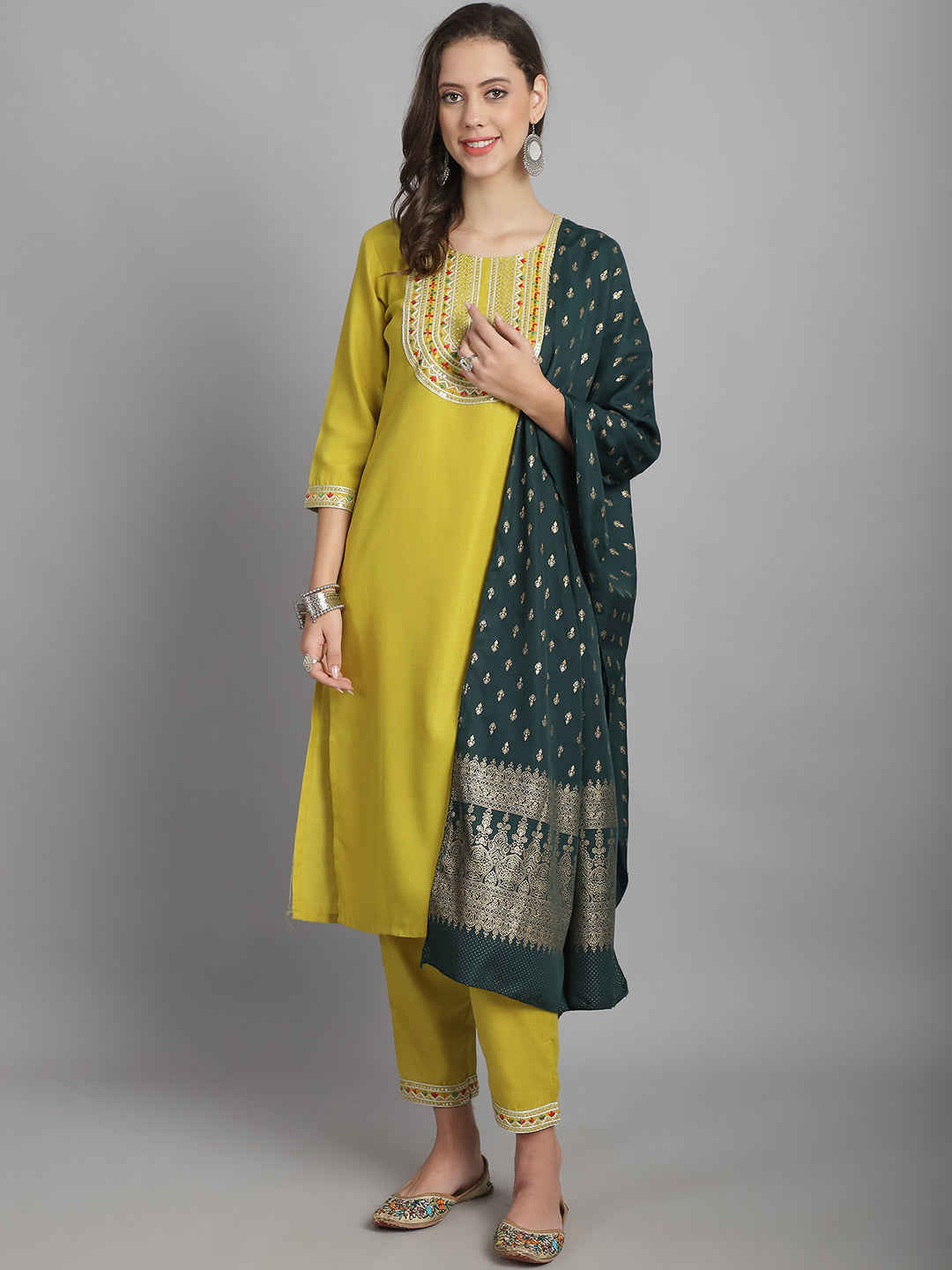 Women's Yellow Cotton Embroidery Worked Kurta With Pant And Duppata Set - Dwija Fashion