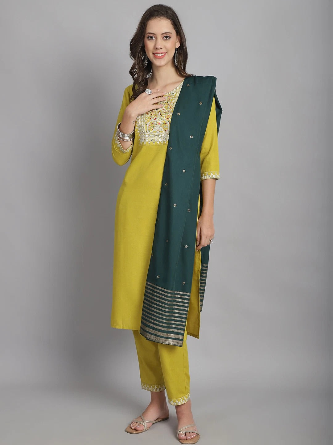 Women's Yellow Cotton Embroidery Worked Kurta With Pant And Duppata Set - Dwija Fashion