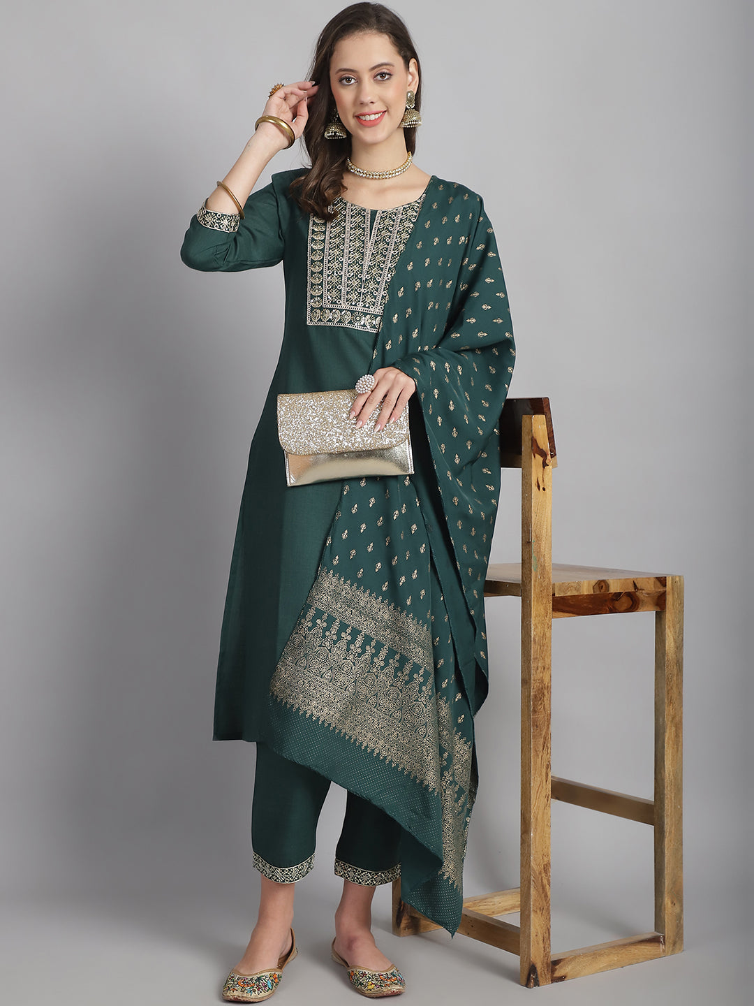 Women's Green Cotton Embroidery Worked Kurta With Pant And Duppata Set - Dwija Fashion