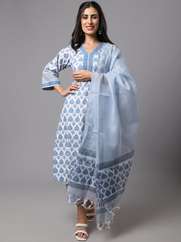 Women's White Printed Cotton Kurta Set Collection - Dwija Fashion