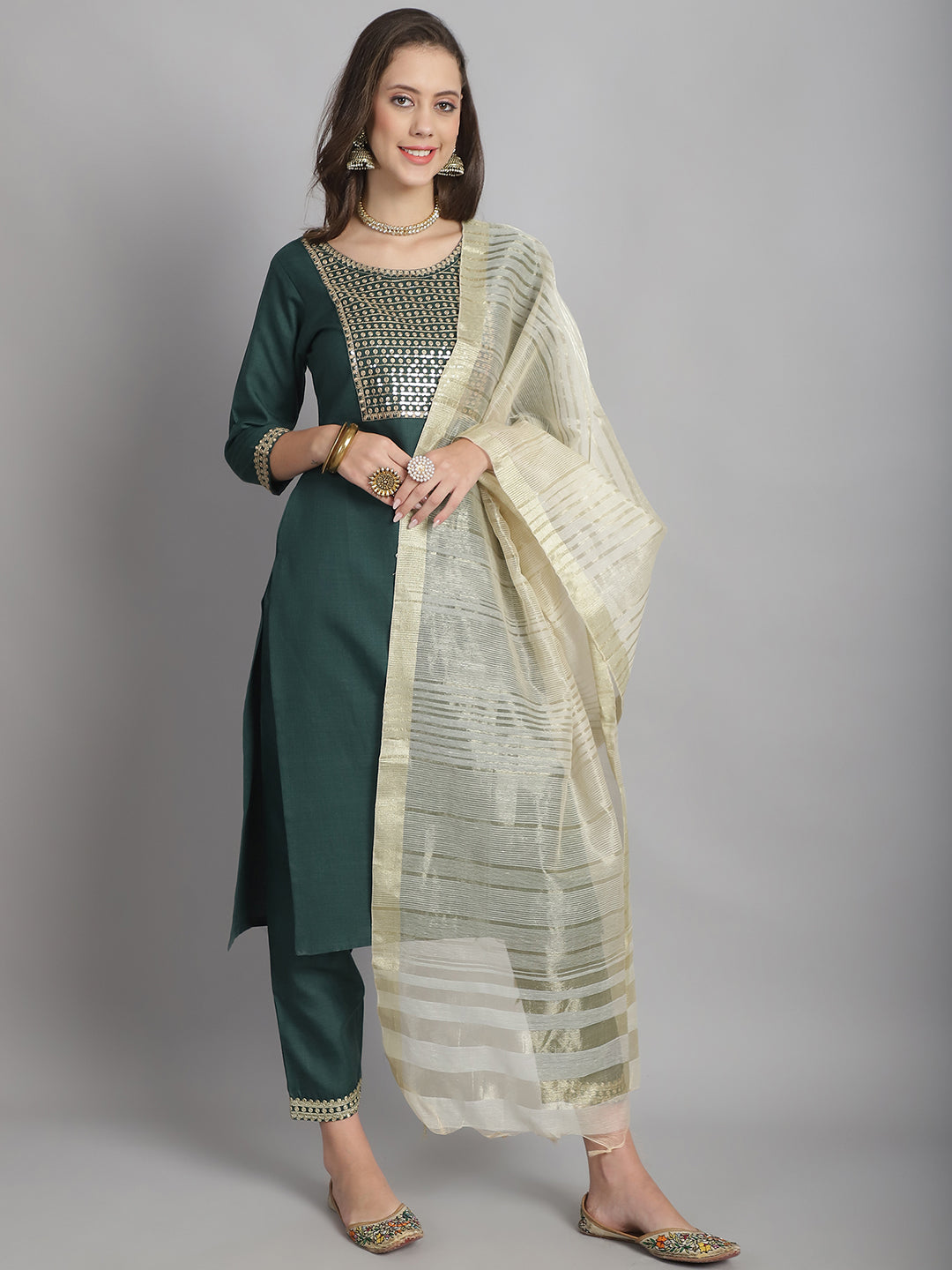 Women's Green Cotton Embroidery Worked Kurta With Pant And Duppata Set - Dwija Fashion