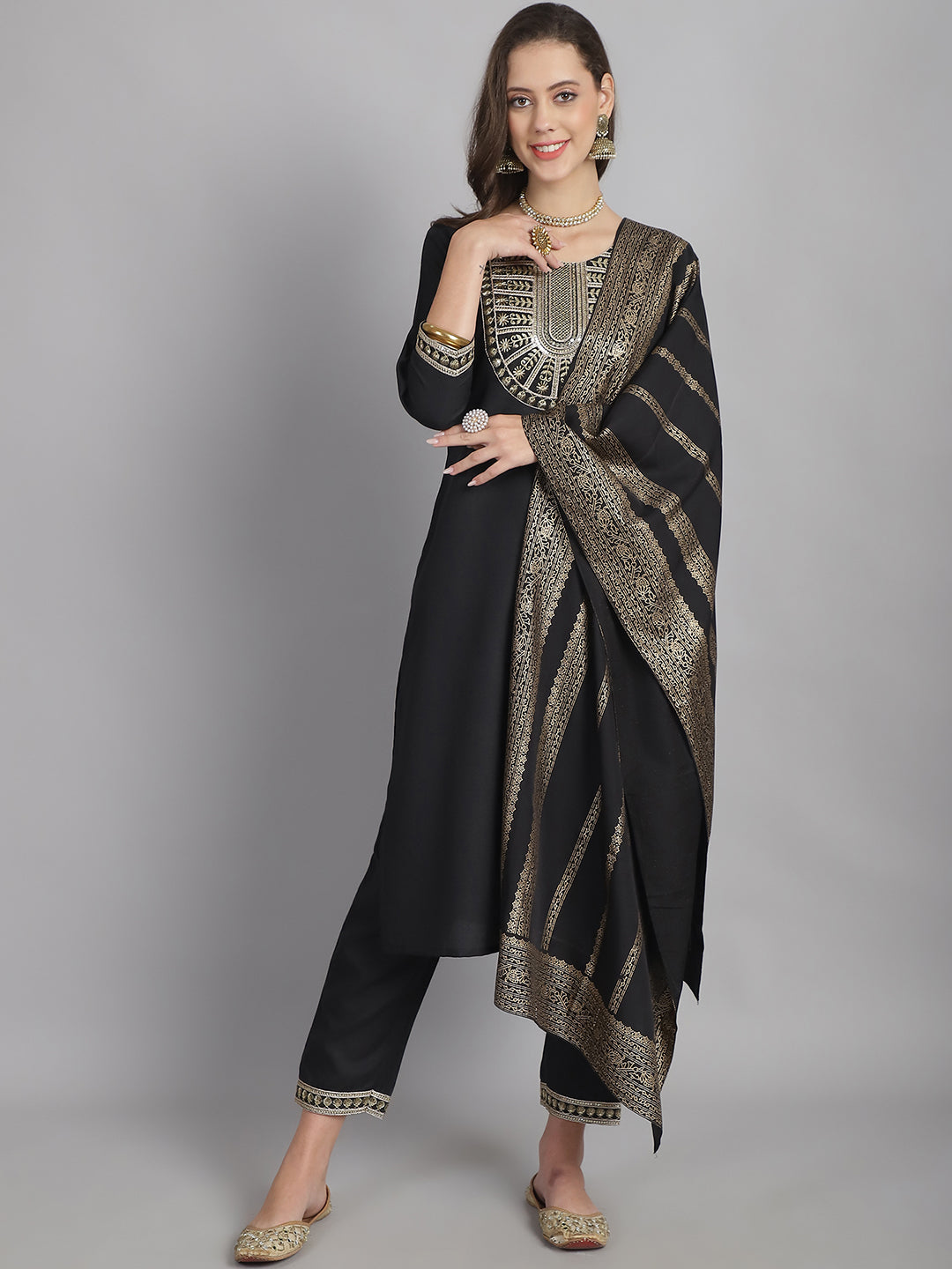 Women's Black Cotton Embroidery Worked Kurta With Pant And Duppata Set - Dwija Fashion