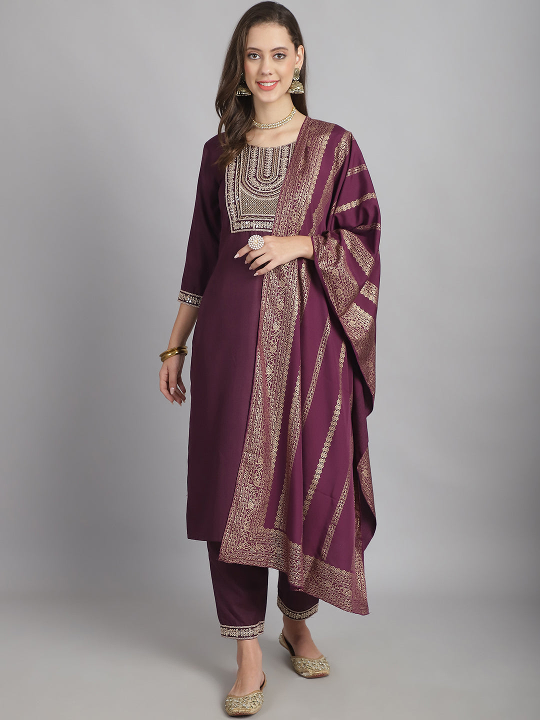 Women's Wine Cotton Embroidery Worked Kurta With Pant And Duppata Set - Dwija Fashion