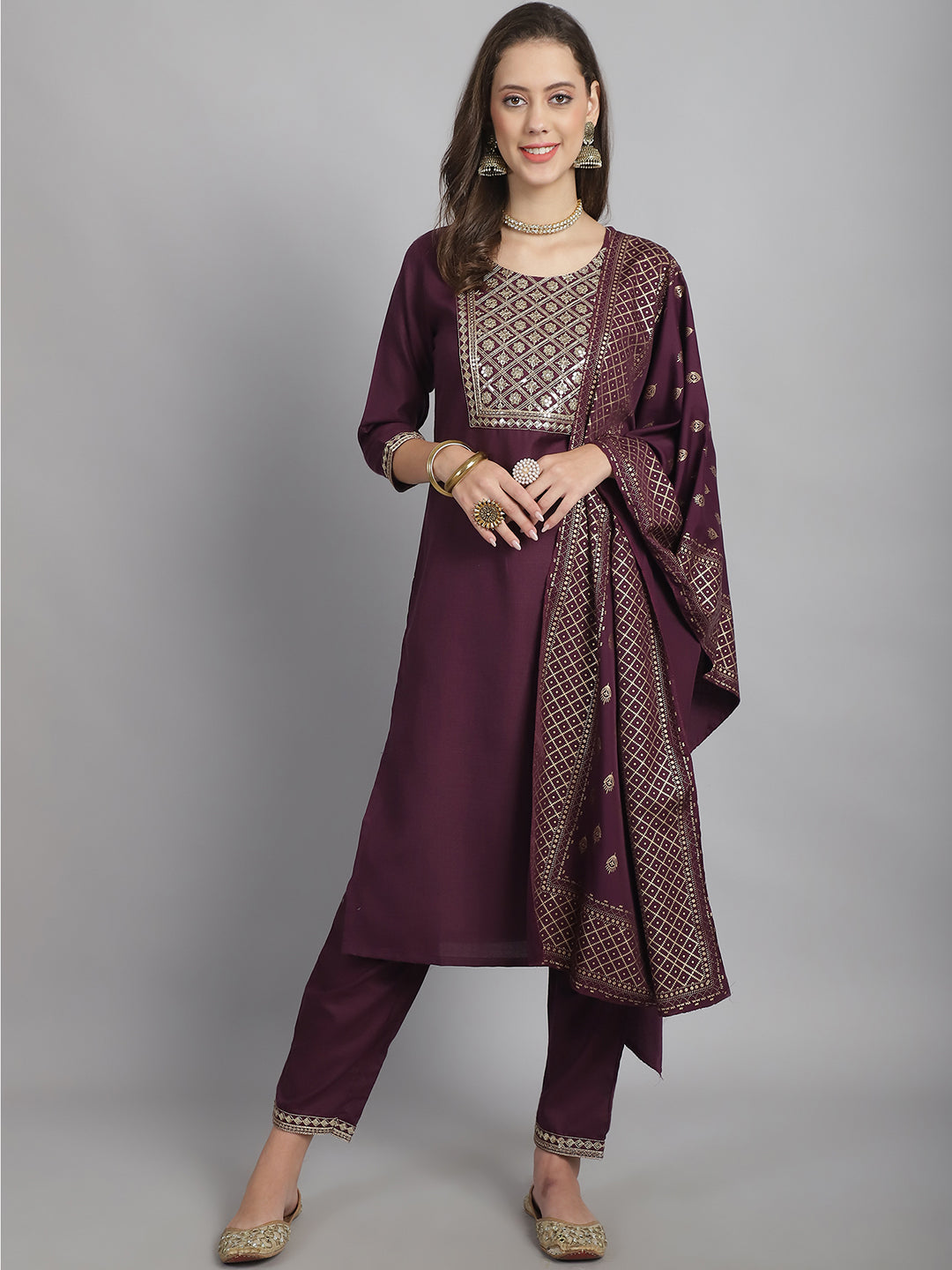 Women's Wine Cotton Embroidery Worked Kurta With Pant And Duppata Set - Dwija Fashion