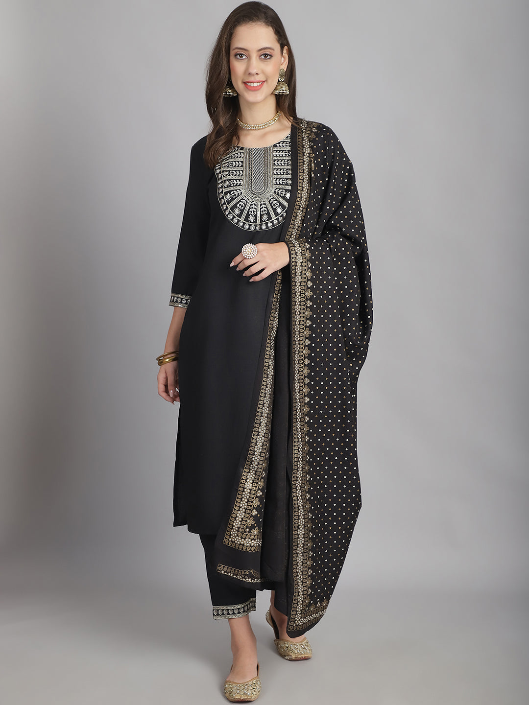 Women's Black Cotton Embroidery Worked Kurta With Pant And Duppata Set - Dwija Fashion