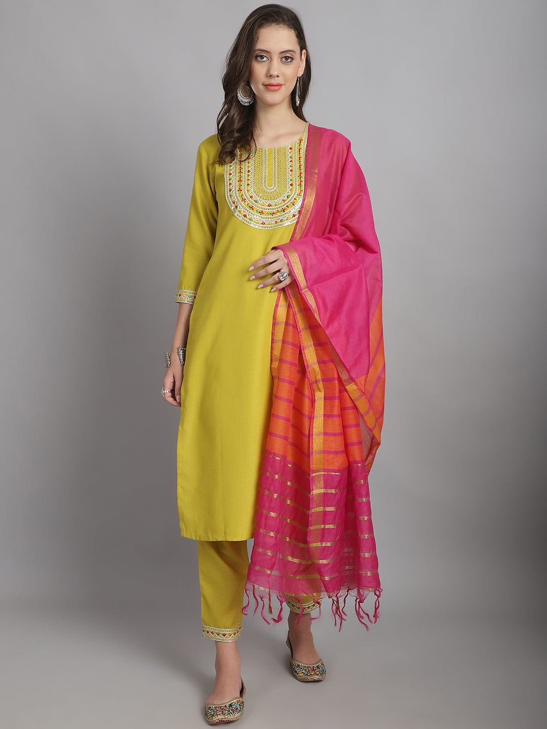 Women's Yellow Cotton Embroidery Worked Kurta With Pant And Duppata Set - Dwija Fashion