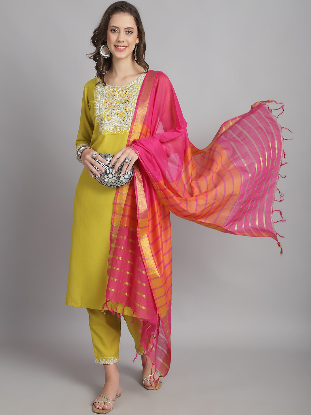 Women's Yellow Cotton Embroidery Worked Kurta With Pant And Duppata Set - Dwija Fashion