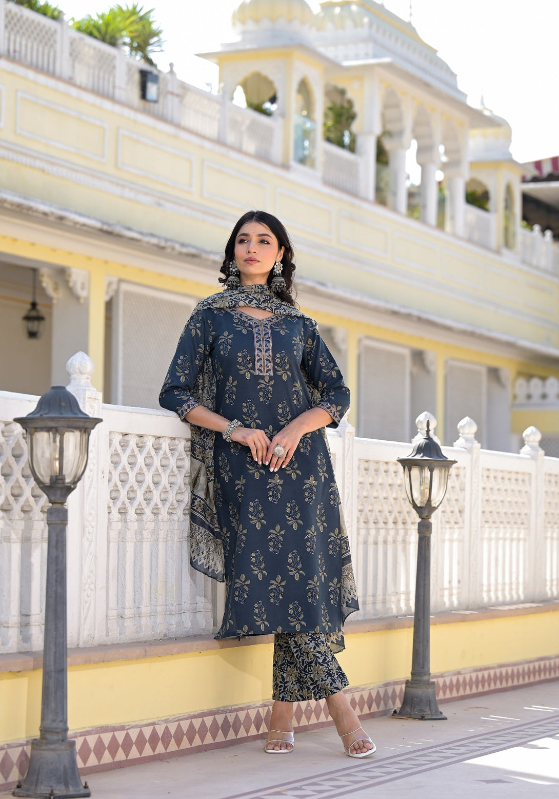 Women's Navy Blue Rayon Flower Print With Embroidery Worked Kurta With Pant And Duppata Set - Dwija Fashion