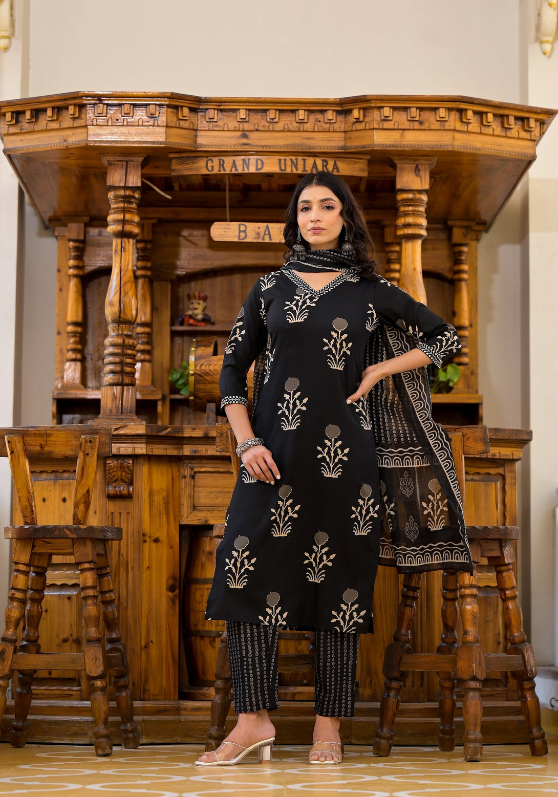 Women's Black Rayon Flower Print Kurta With Pant And Duppata Set - Dwija Fashion