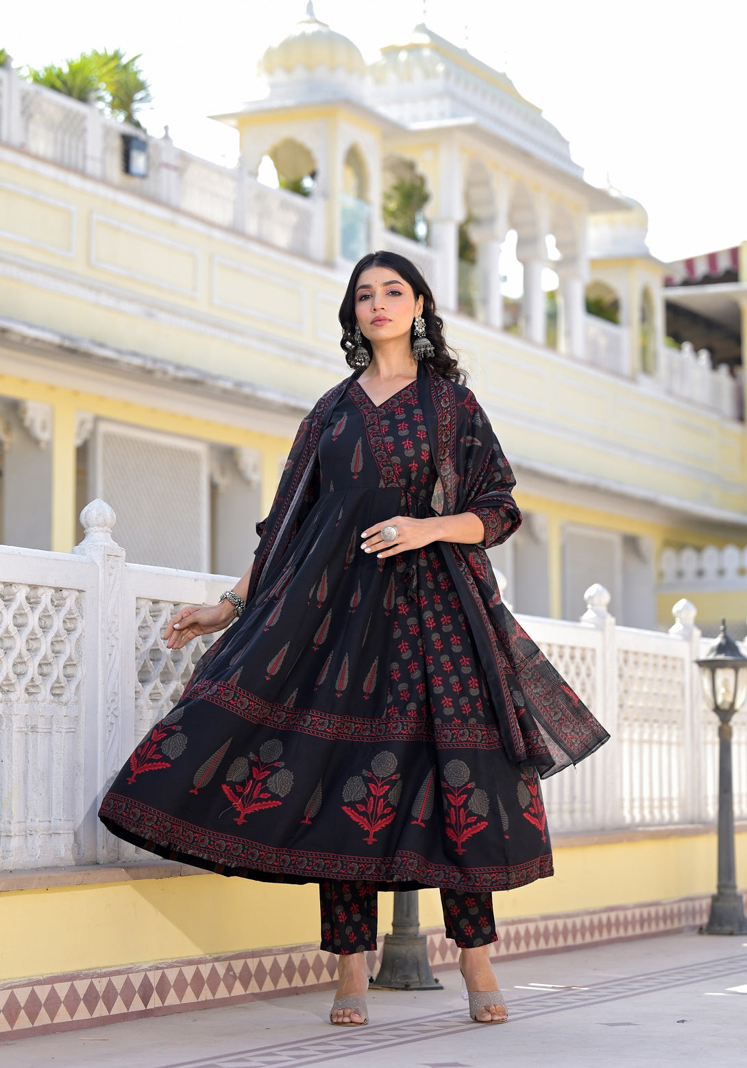 Women's Black Rayon Flower Print Kurta With Pant And Duppata Set - Dwija Fashion