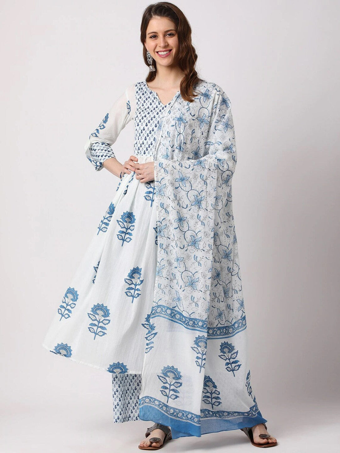 Women's Off White Cotton Flower Print Kurta With Pant And Duppata Set - Dwija Fashion