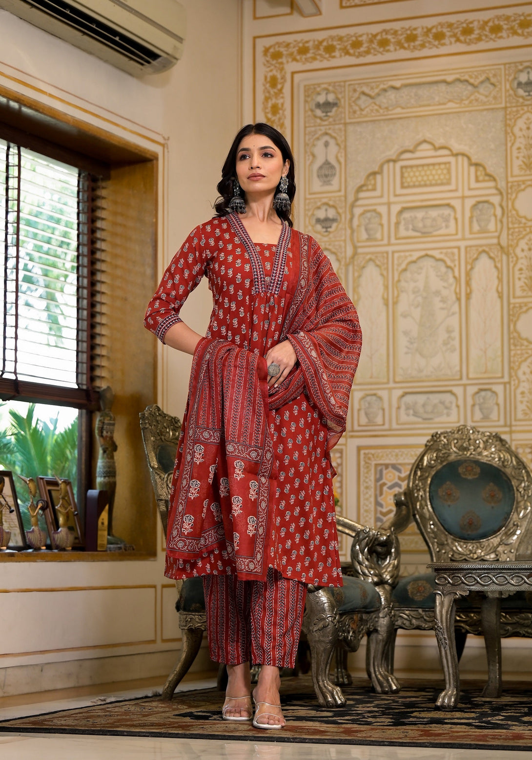 Women's Red Rayon Flower Print Kurta With Pant And Duppata Set - Dwija Fashion