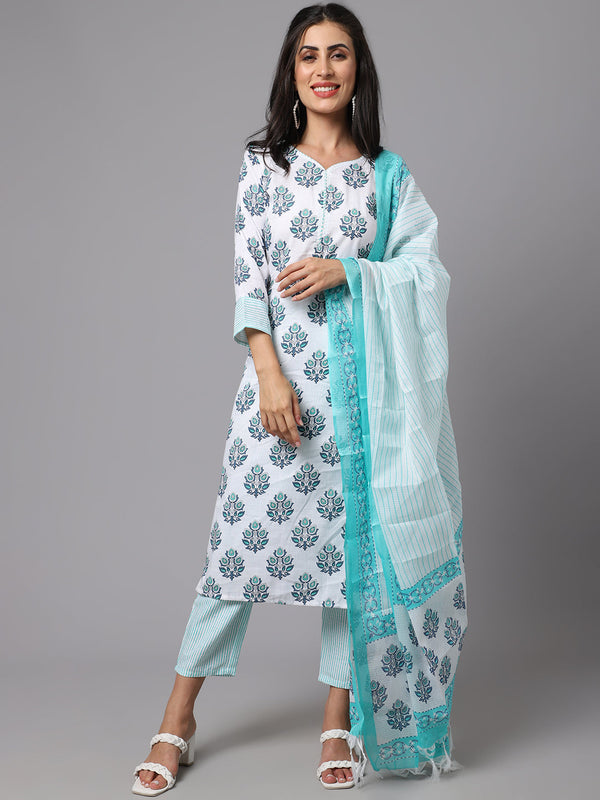 Women's White Printed Cotton Kurta Set Collection - Dwija Fashion