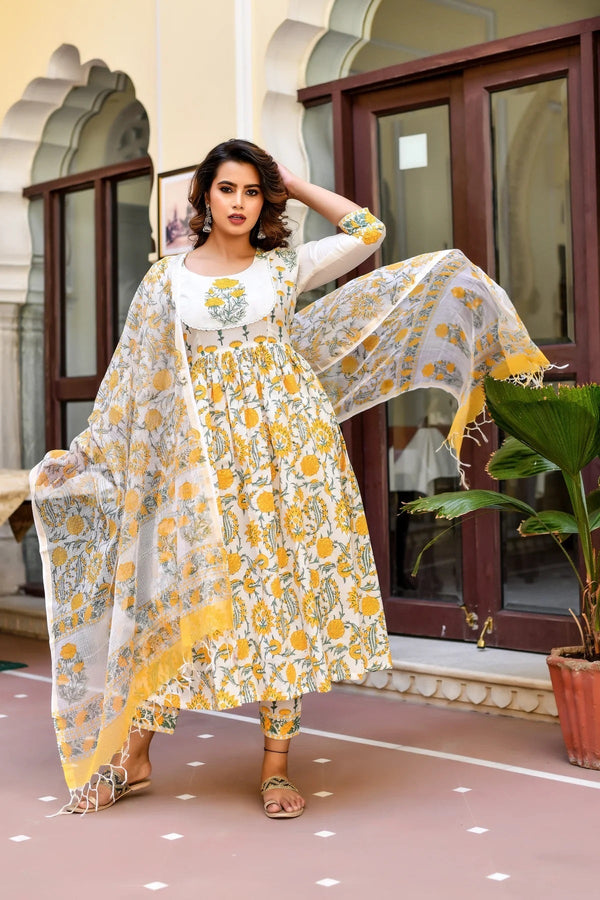 Women's Yellow Flower Print Cotton Kurta Set Collection - Dwija Fashion