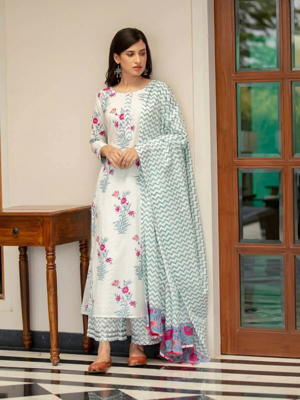 Women's White Flower Print Cotton Kurta Set Collection - Dwija Fashion