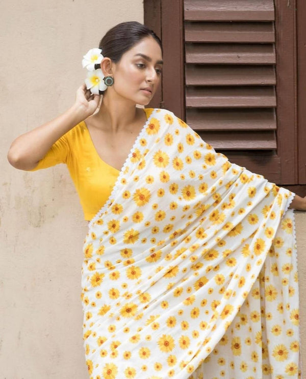 Women's Yellow Linen Printed Saree - A2M