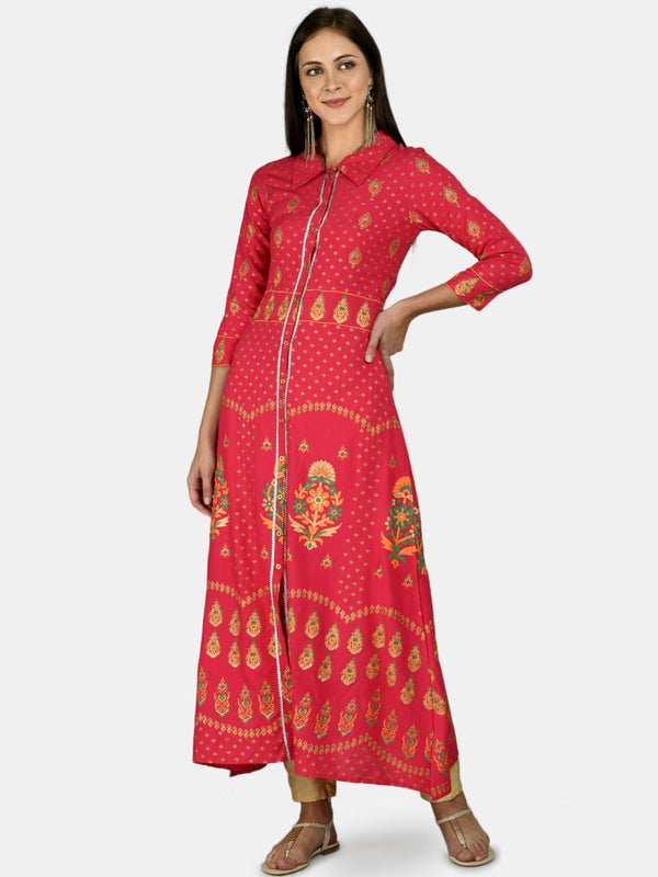 Women's Red Cotton Printed 3/4 Sleeve Shirt Collar Casual Anarkali kurta - Myshka