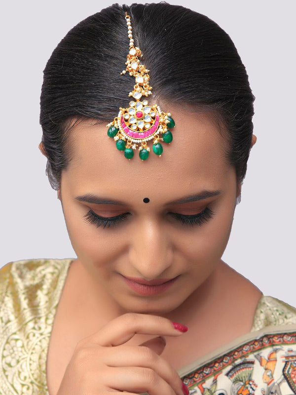 Women's Gold-Plated Pink & Green Kundan-Studded Beaded Handcrafted Maang Tikka - Morkanth