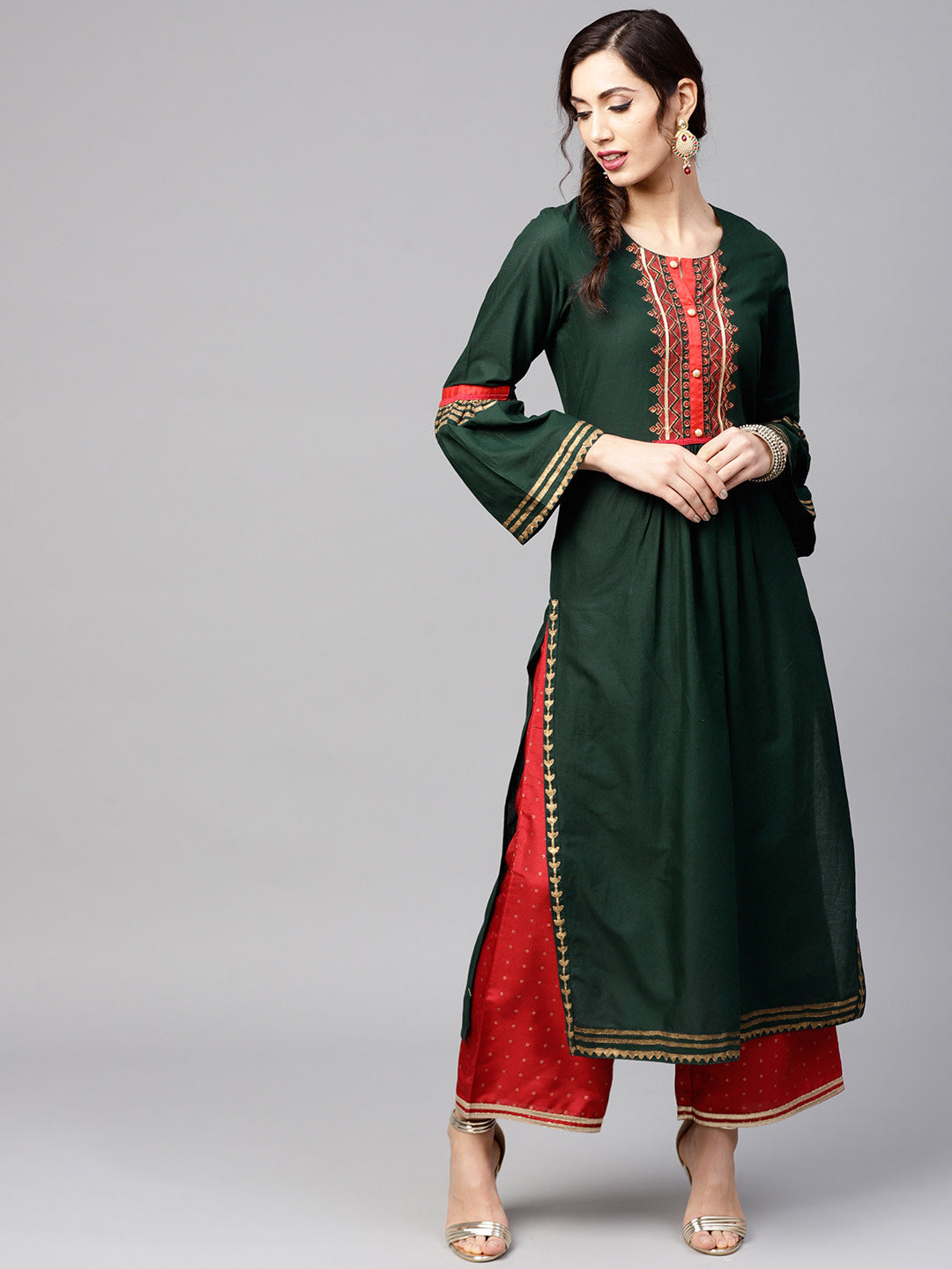 Women's Green Yoke Design Straight Kurta With Block Print Detail - Noz2Toz