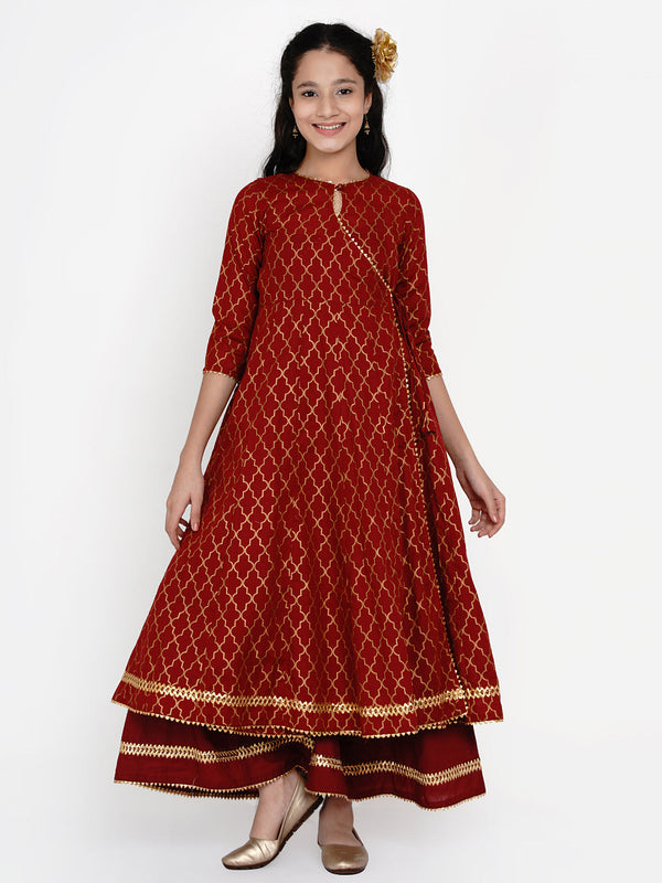 Girl's Maroon & Gold Ethnic Motifs Printed Anarkali Kurta With Palazzos - Bitiya By Bhama