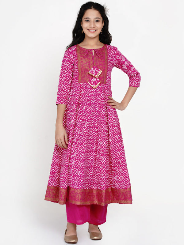 Girl's Pink Bandhej Anarkali Kurta With Palazzo - Bitiya By Bhama