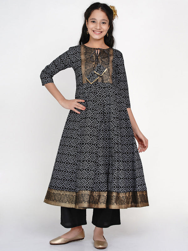 Girl's Black Printed Panelled Kurta With Palazzos - Bitiya By Bhama