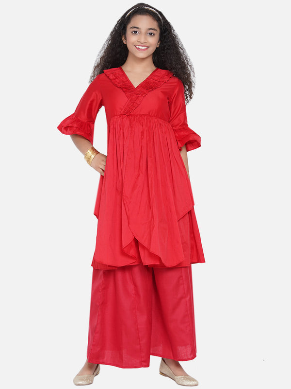 Jashvi Girls Red Pleated Asymmetric Kurta with Palazzos