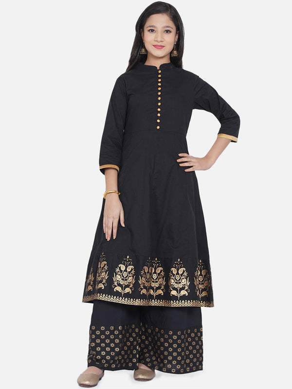 Jashvi Foil Print Black Kurta With Palaazo