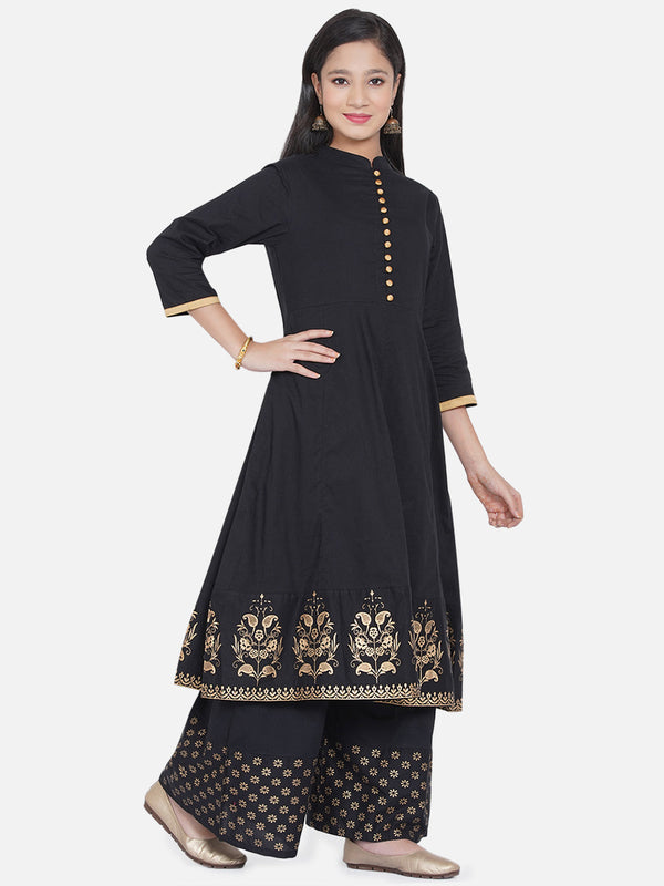 Girl's Foil Print  Black Kurta With Palaazo  - Bitiya By Bhama