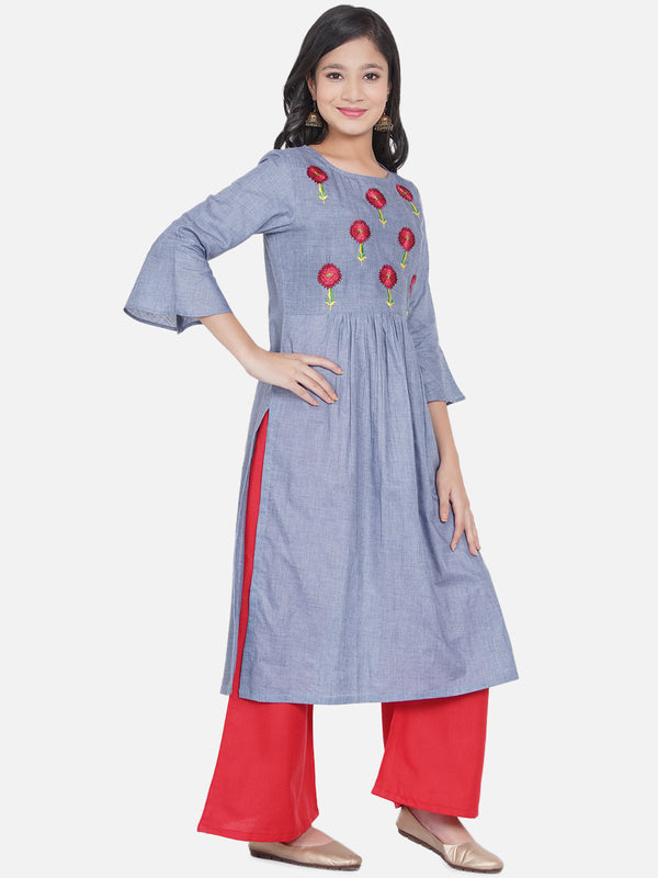 Girl's Blue Floral Yoke Design Pleated Kurta With Palazzos - Bitiya By Bhama