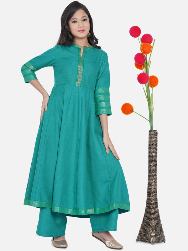 Girl's Sea Green Solid Kurta With Palazzos - Bitiya By Bhama