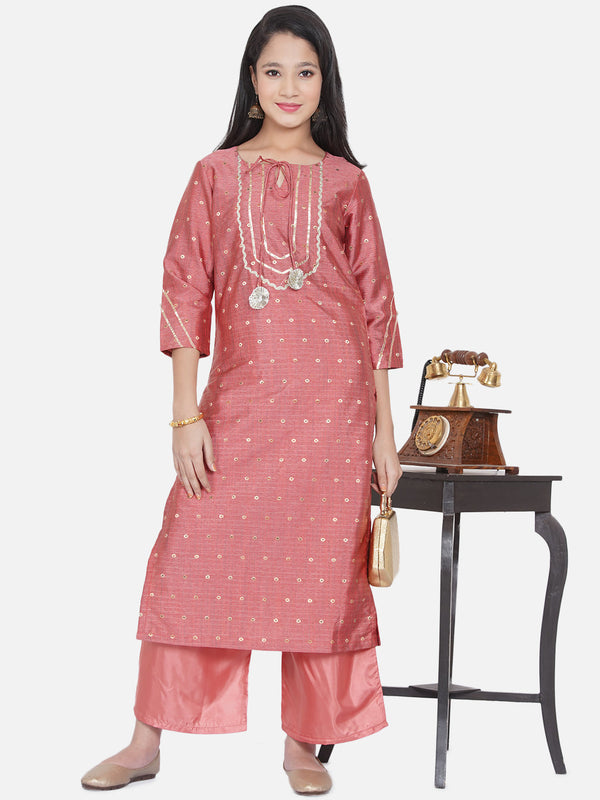 Girl's Peach-Coloured Ethnic Motifs Embroidered Kurta With Palazzos - Bitiya By Bhama