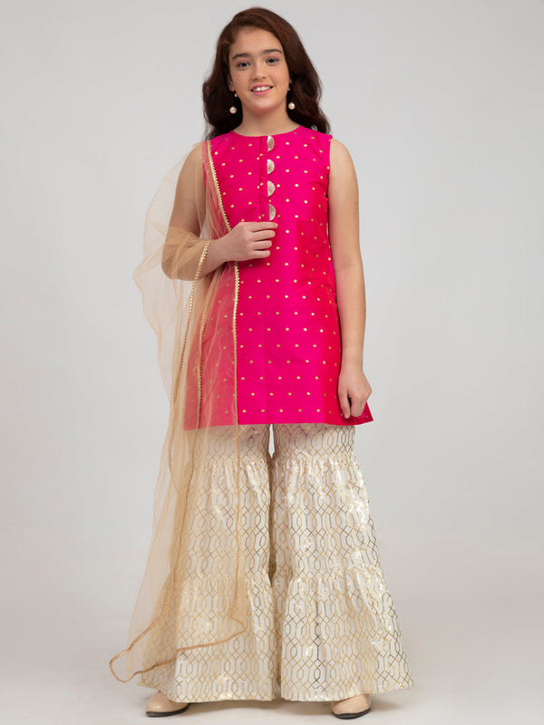 Jashvi Girls Pink And White Printed Kurta And Sharara With Dupatta