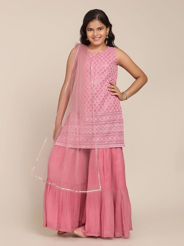 Jashvi Pink Kurta And Sharara Set With Dupatta