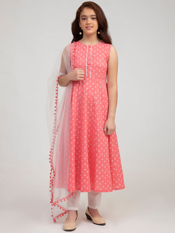 Girl's Pink And White Kurta And Trouser With Dupatta - Bitiya By Bhama