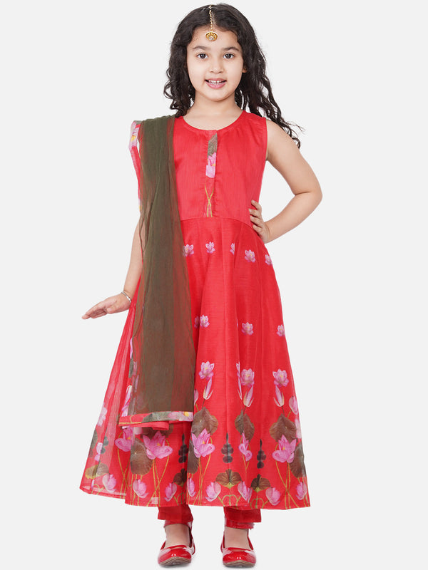 Jashvi Girls Red-Printed Kurta And Trouser With Dupatta