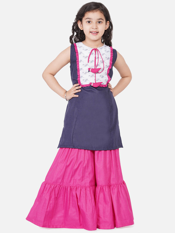 Jashvi Navy Blue Straight Kurta with Pink Sharara